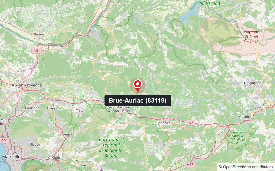 Carte situant Brue-Auriac dans le Var, entre Aix-en-Provence, Brignoles, Saint-Maximin-la-Sainte-Baume et Draguignan