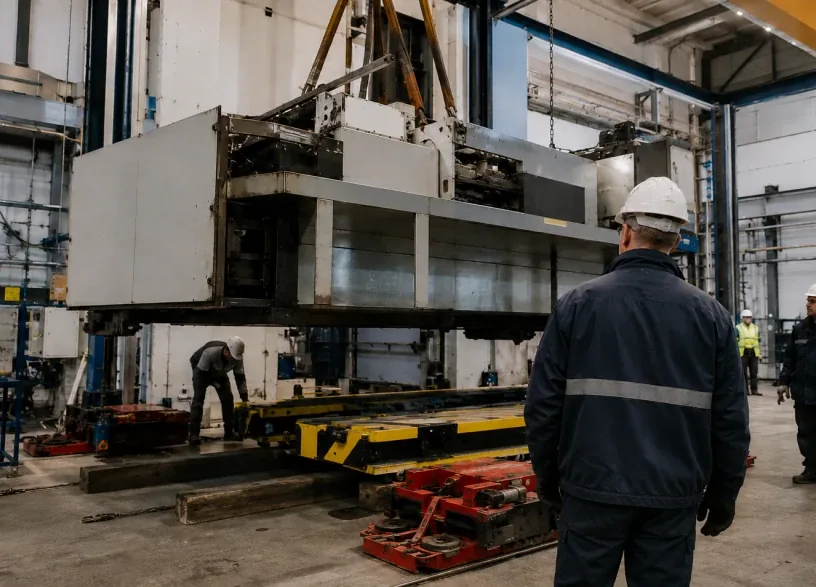 Machine de production lourde soulevée sur vérins, un technicien casqué à côté